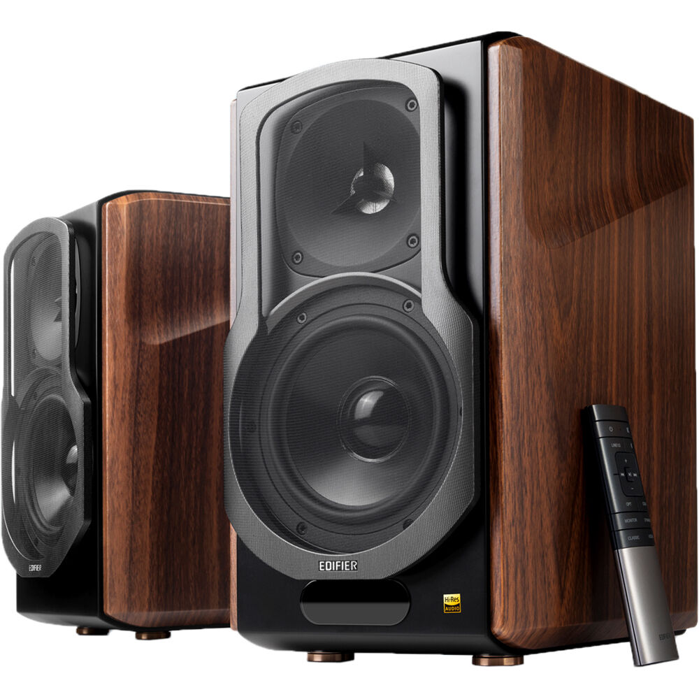Edifier S2000MKIII desktop speakers with black finish, featuring dual drivers and control knobs on the front panel.