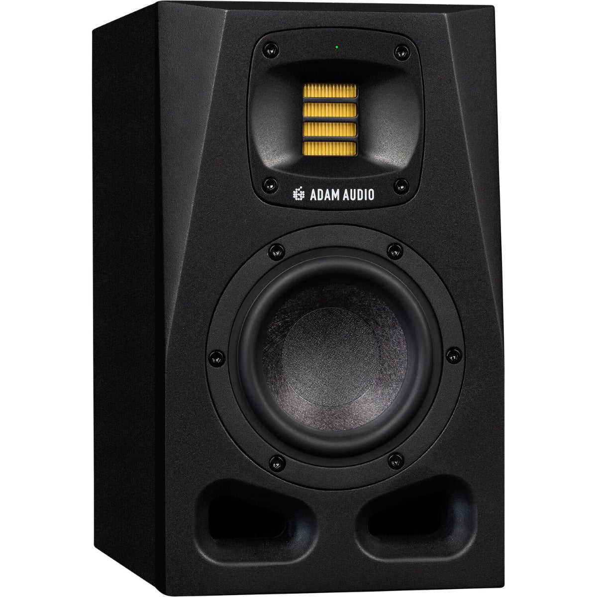 Adam Audio A4V active nearfield monitor speakers with sleek black finish and detailed driver components.