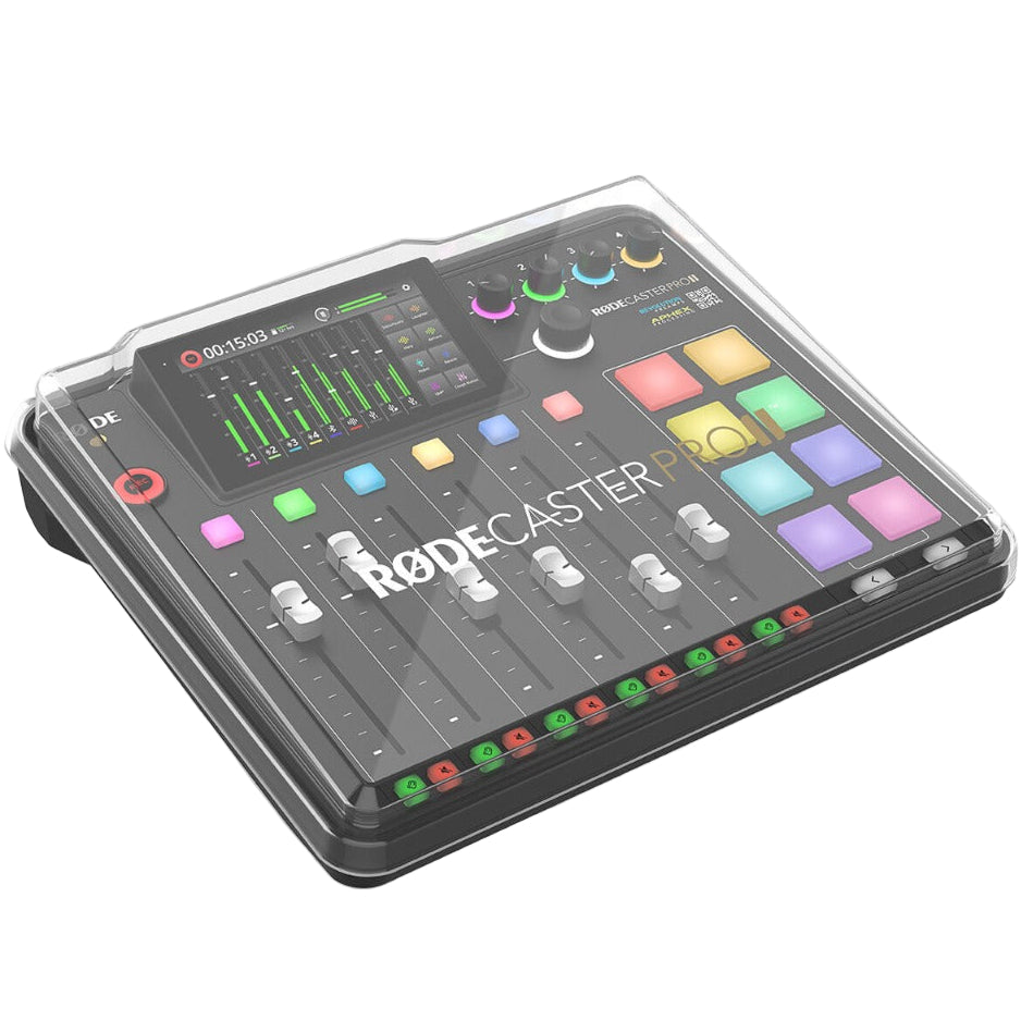 Rode RodeCover 2 protective cover for Rode RodeCaster Pro II audio mixer, shown on device in a professional setup.