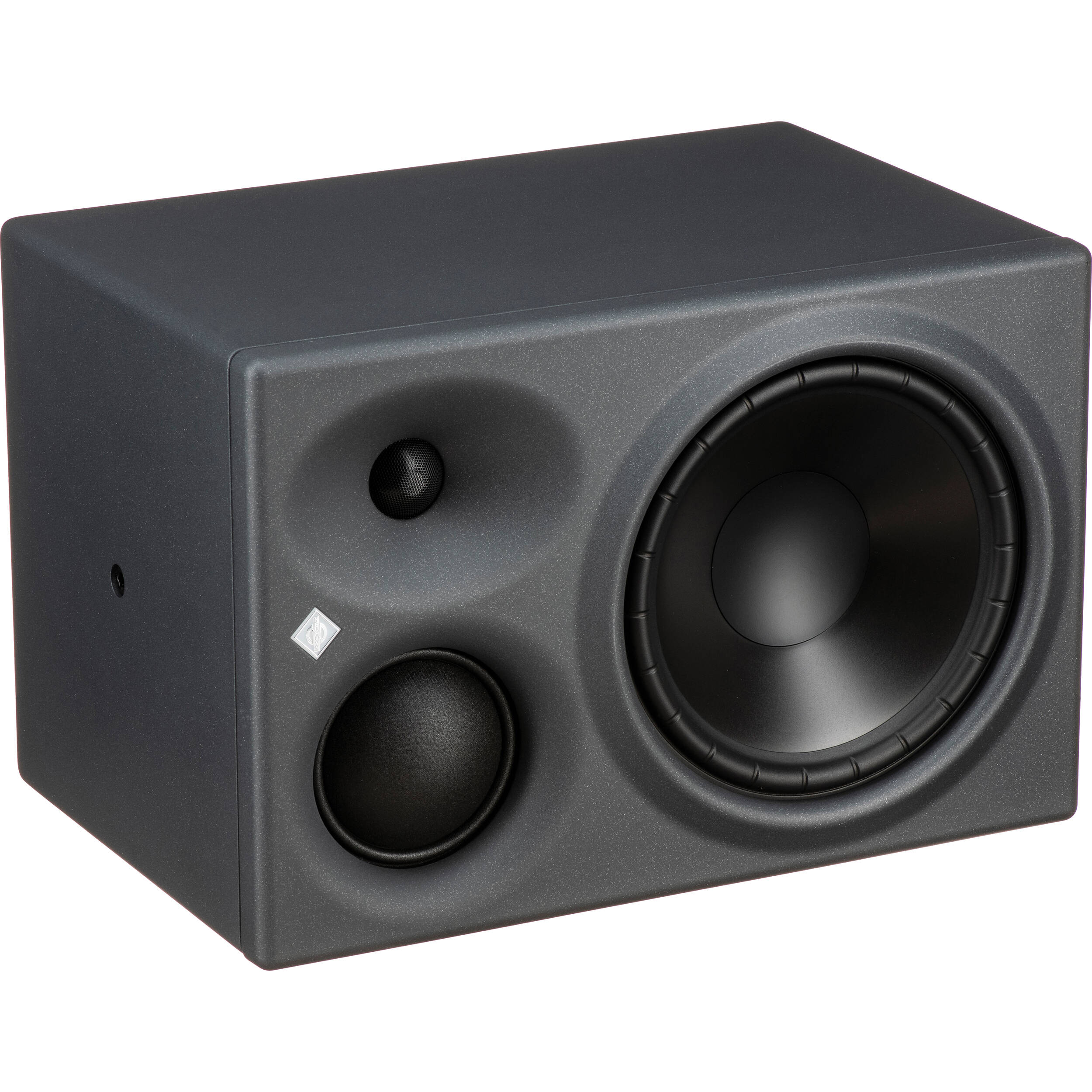 Neumann KH 310 A L G mid-field monitor speaker showing its front grille and controls, designed for professional audio monitoring.