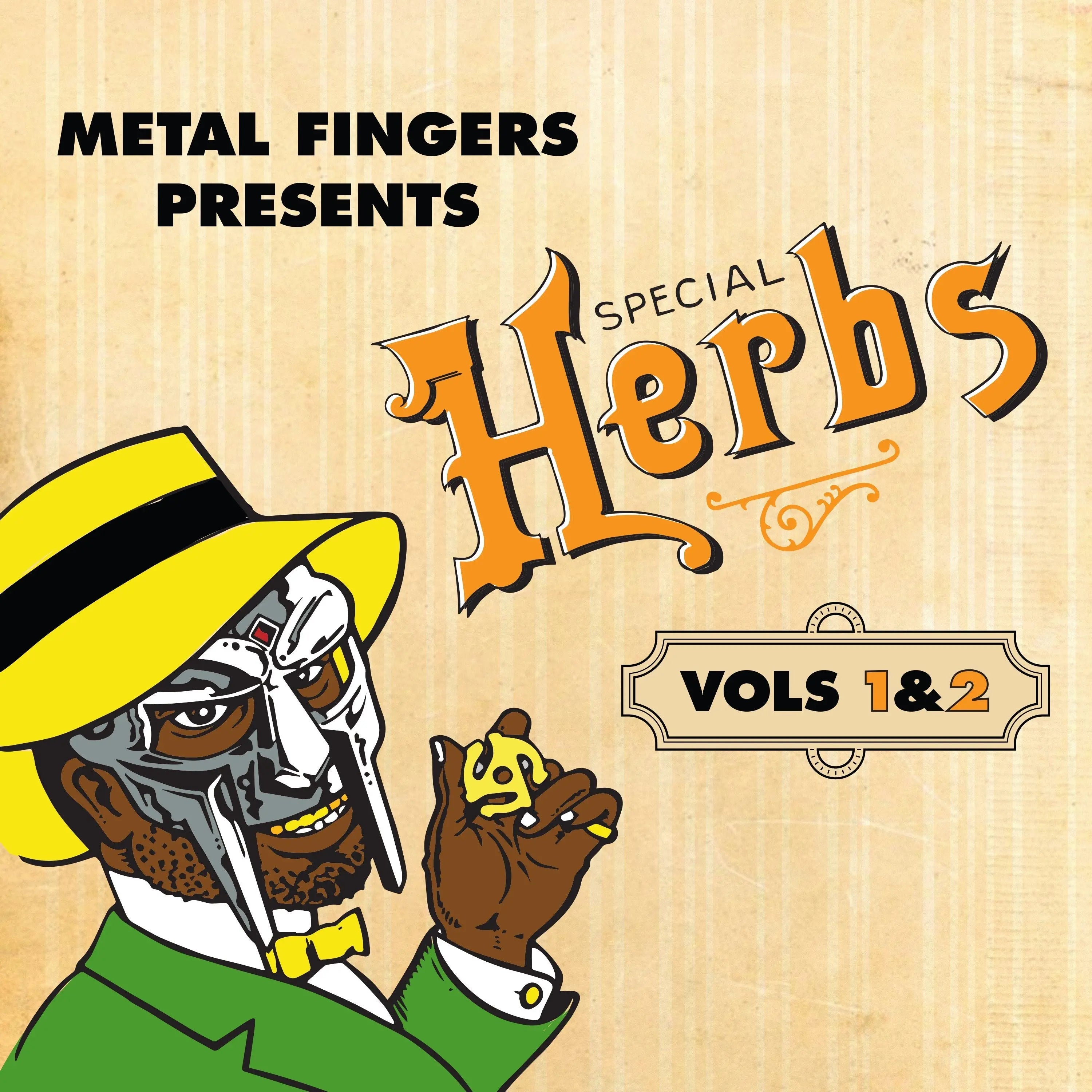 Mustard yellow vinyl 2LP of MF DOOM's Metal Fingers Presents Special Herbs Vol. 1 & 2, hip-hop/rap album by Rhymesayers Entertainment