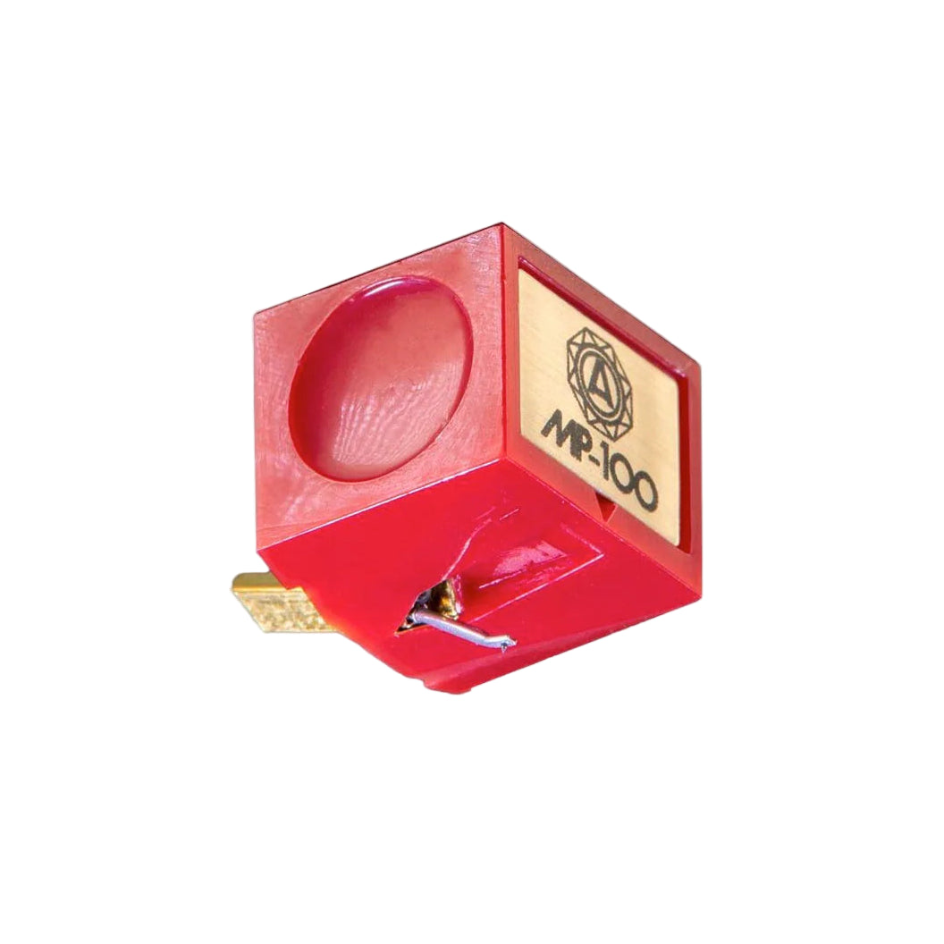 Nagaoka JN-P100 stylus for MP-100 turntable cartridge, showing the black stylus tip and sleek cartridge body.