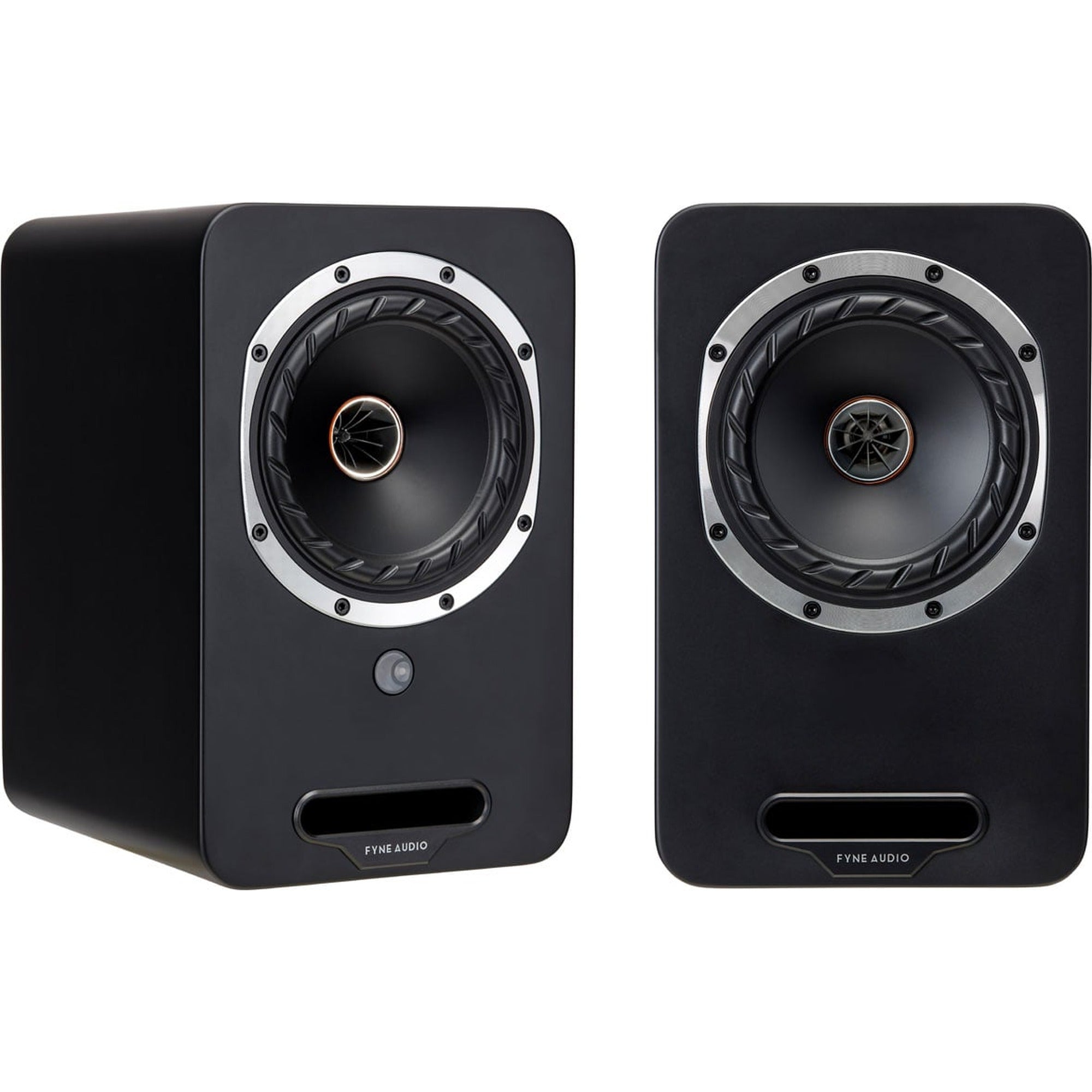 Pair of Fyne Audio Cubitt 5 active bookshelf speakers in sleek midnight black, showcasing modern design and premium sound quality.