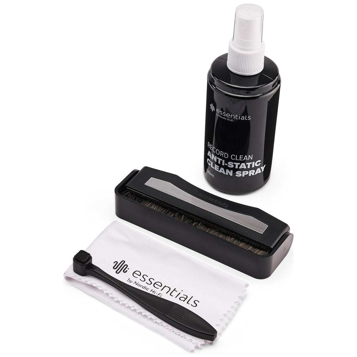 Essentials TT Vinyl Kit 100, kit contents with record cleaning spray, record brush, stylus brush and cloth