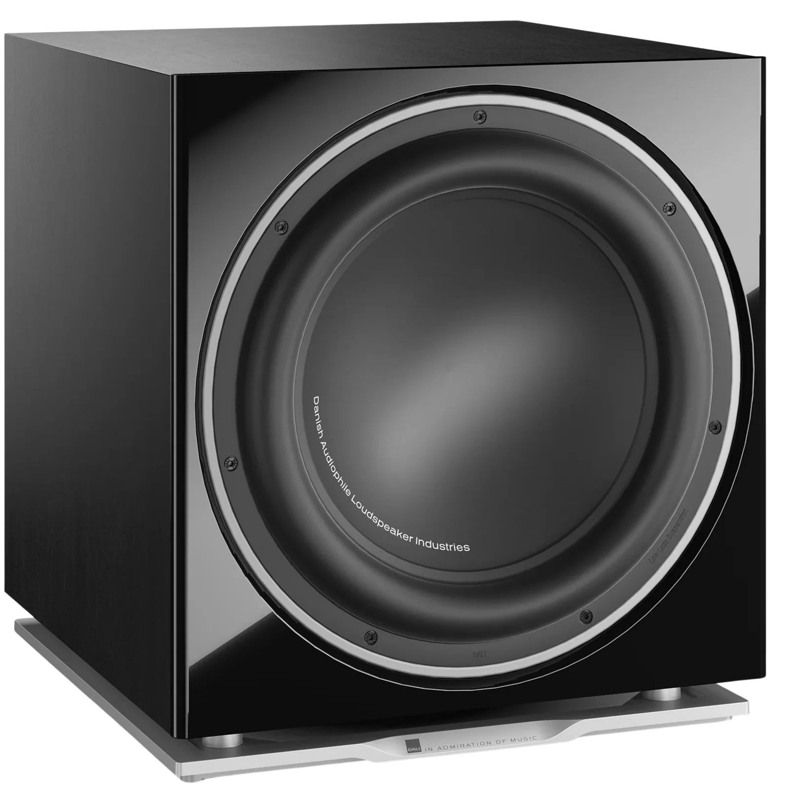 DALI Sub K-14 F subwoofer with black enclosure and driver visible, designed for deep bass in home audio systems