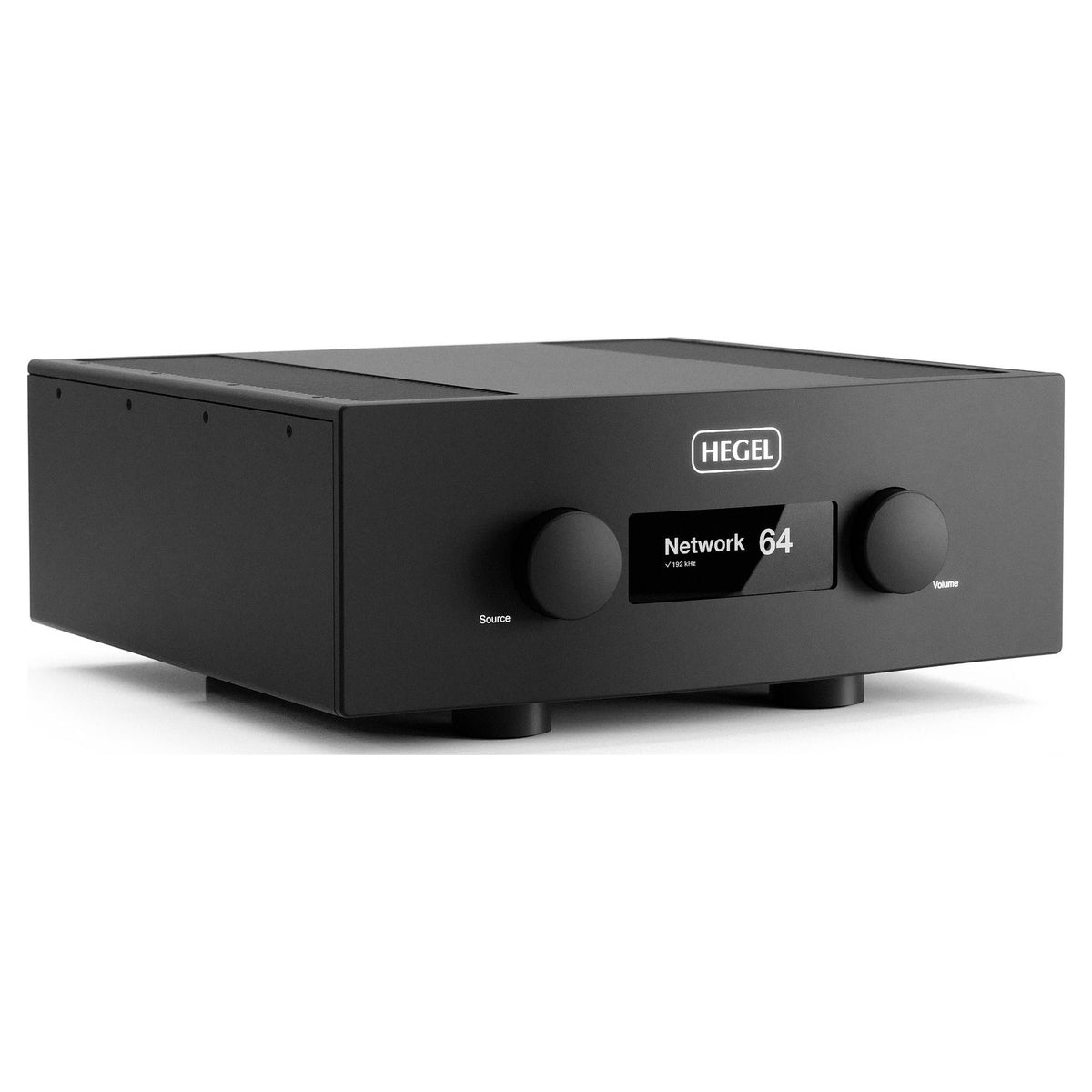 Hegel H600 reference integrated amplifier in black, three-quarter view of chassis and front panel