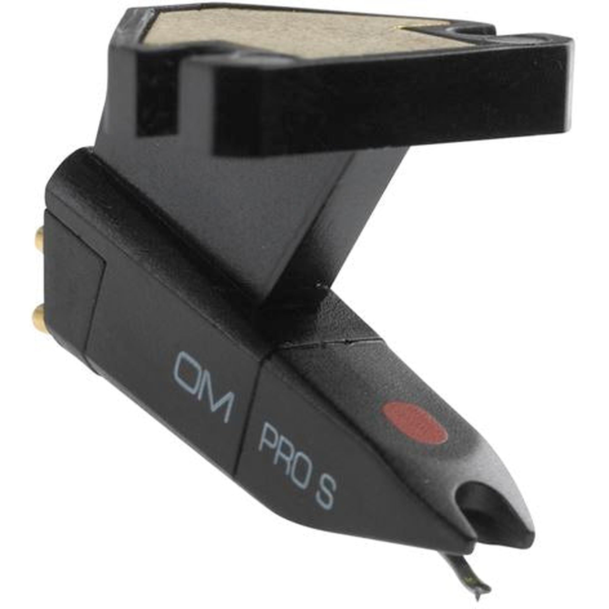 Ortofon OM Pro S turntable cartridge with stylus installed, designed for high-quality vinyl record playback.