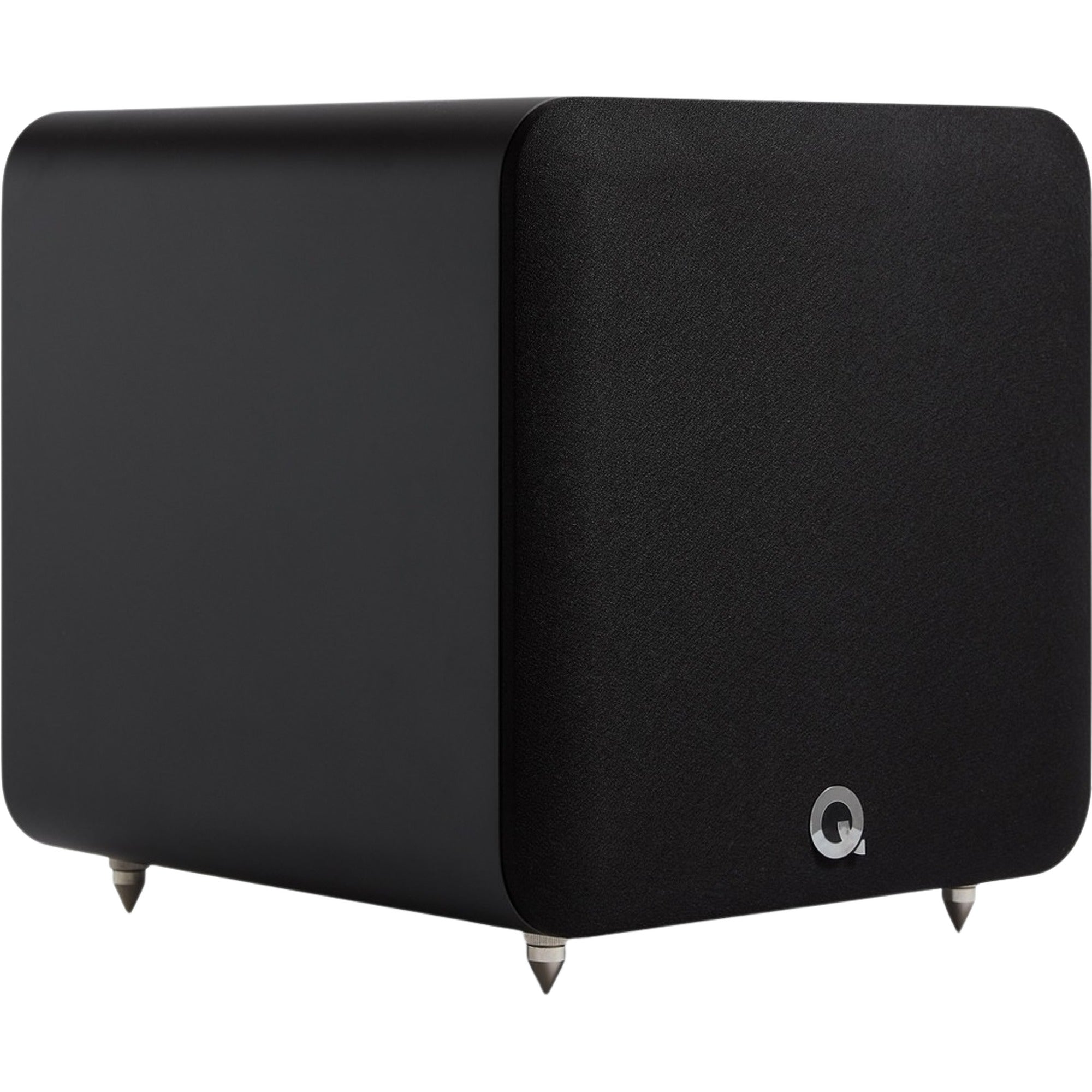 Q Acoustics Q SUB80 subwoofer with sleek black design and front-firing speaker for enhanced bass in home audio systems.