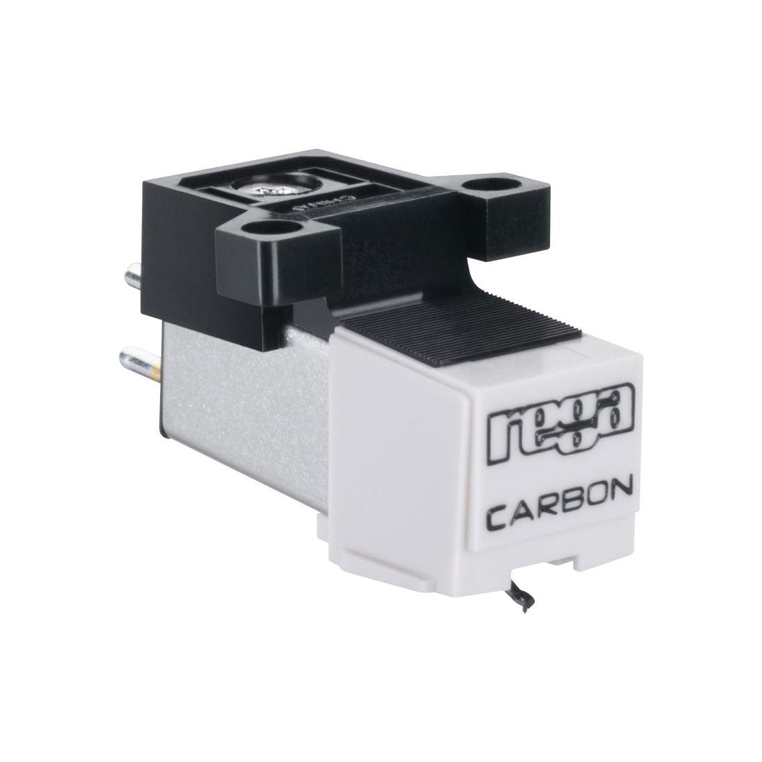 Rega Carbon MM phono cartridge mounted on turntable tonearm, showing detailed view of the Rega brand cartridge.
