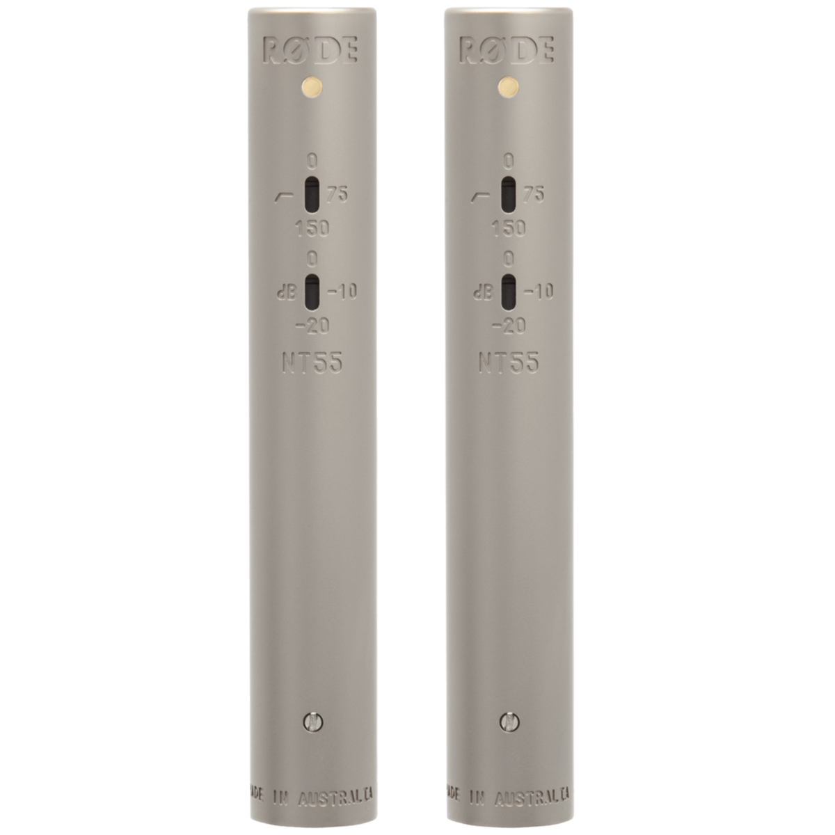 Pair of Rode NT55 condenser microphones shown from the body only, featuring compact design and professional audio equipment quality.