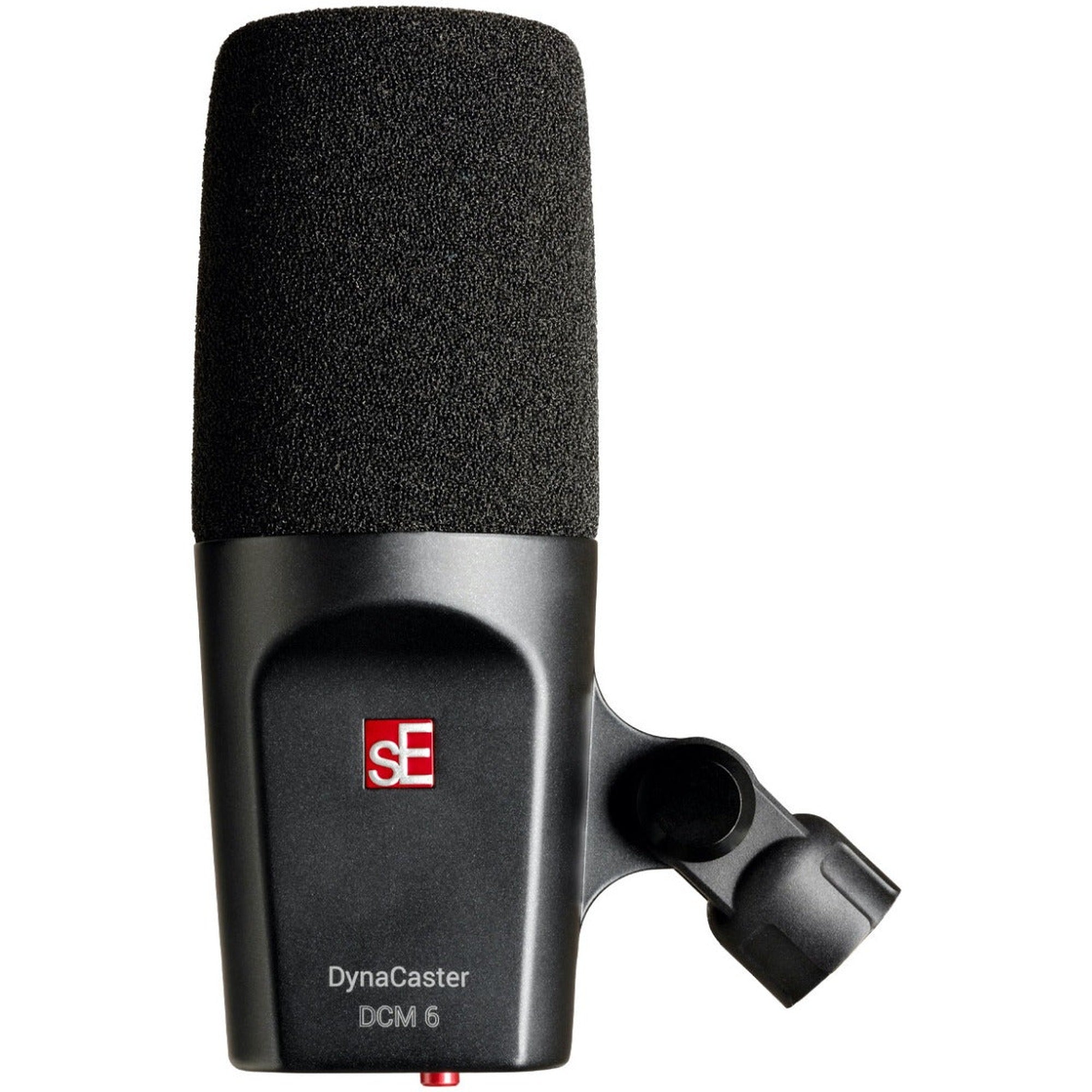 SE Electronics The DynaCaster DCM6 dynamic microphone with a black body and grille, designed for professional sound recording.