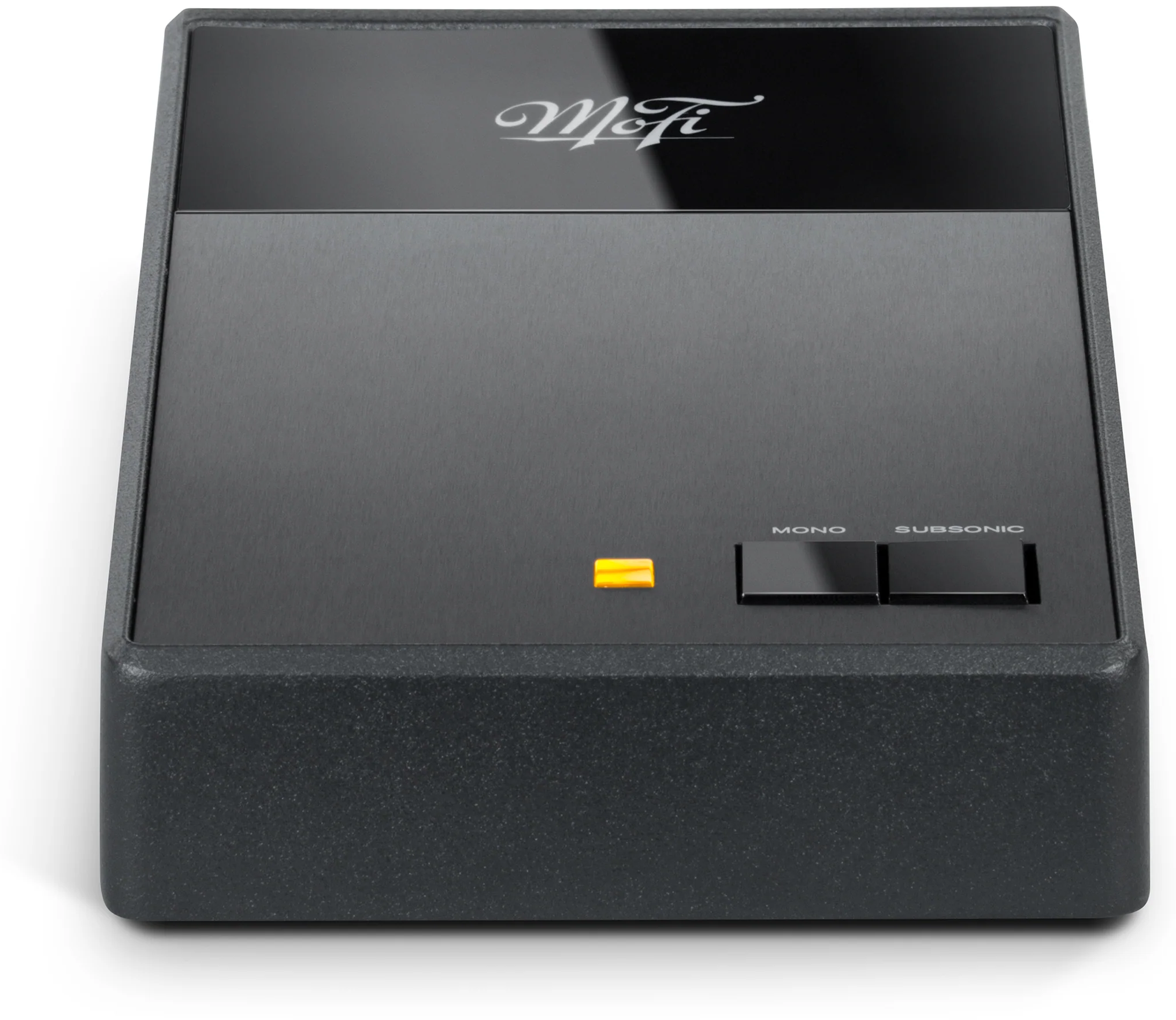 MoFi Electronics StudioPhono phono preamp front view showing knobs, input ports, and sleek black design for high-quality audio.