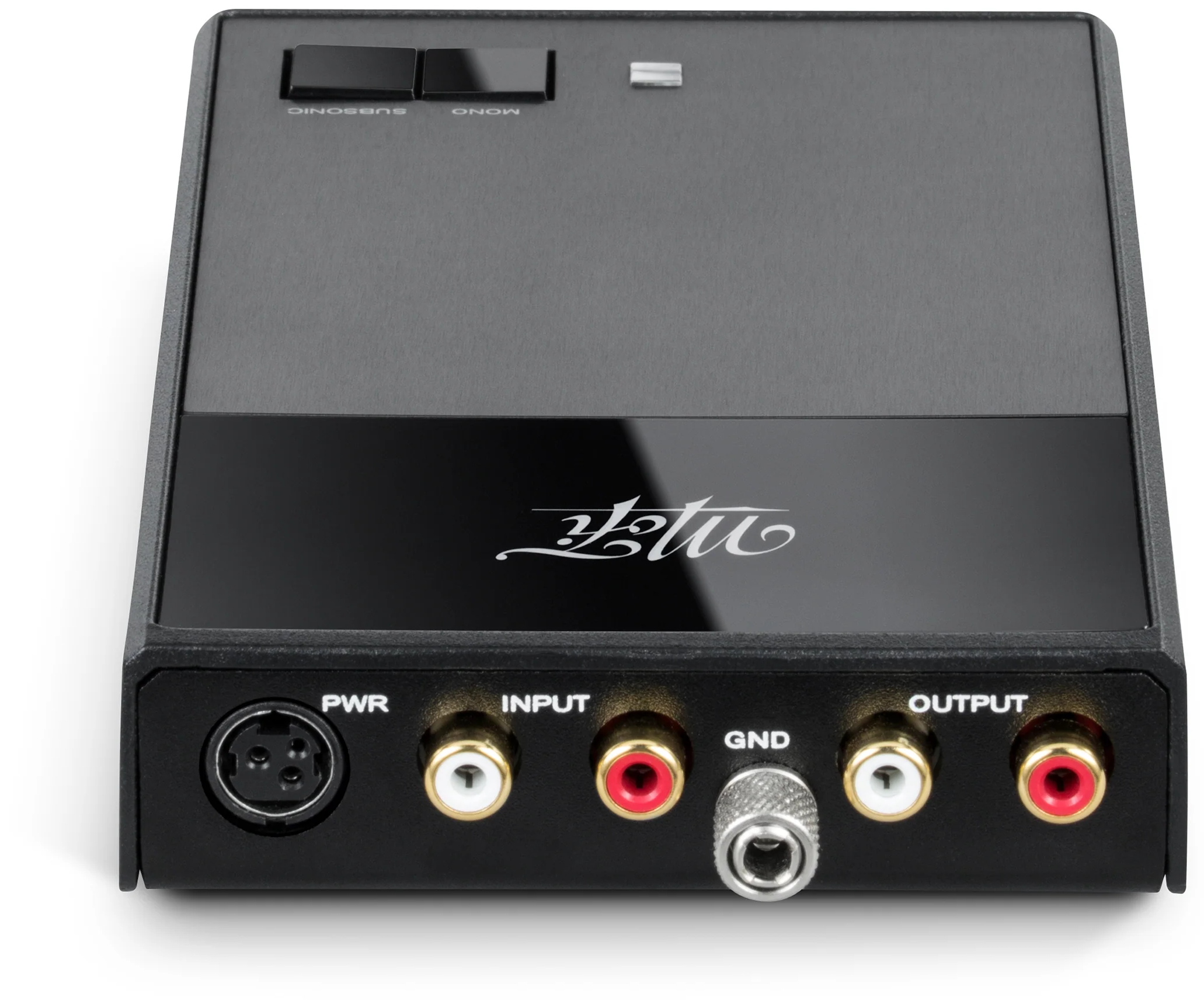MoFi Electronics StudioPhono phono preamp with input and output connections, rear view showing controls and ports.