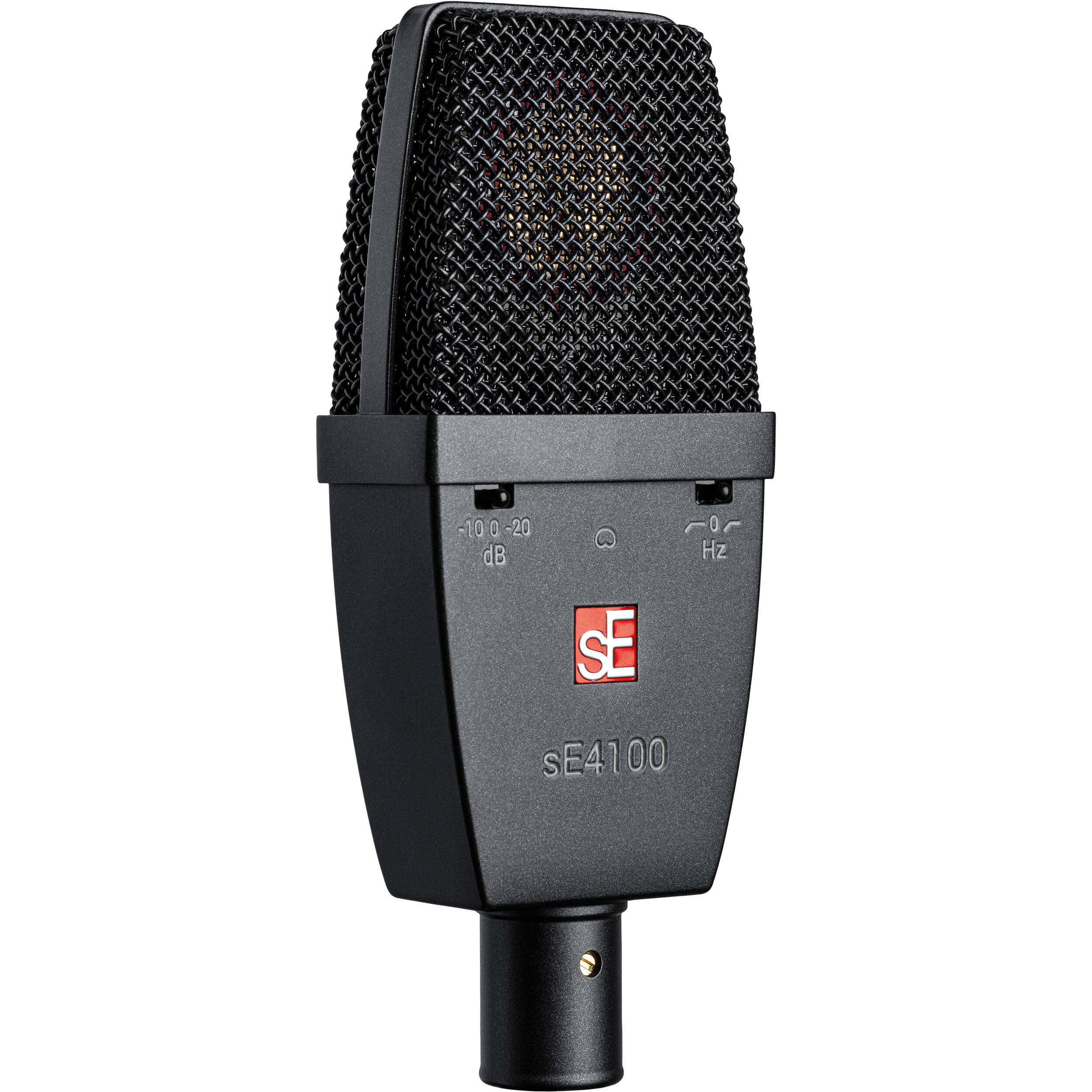 SE Electronics sE4100 condenser microphone with metal grille and sleek black body, designed for studio recording.