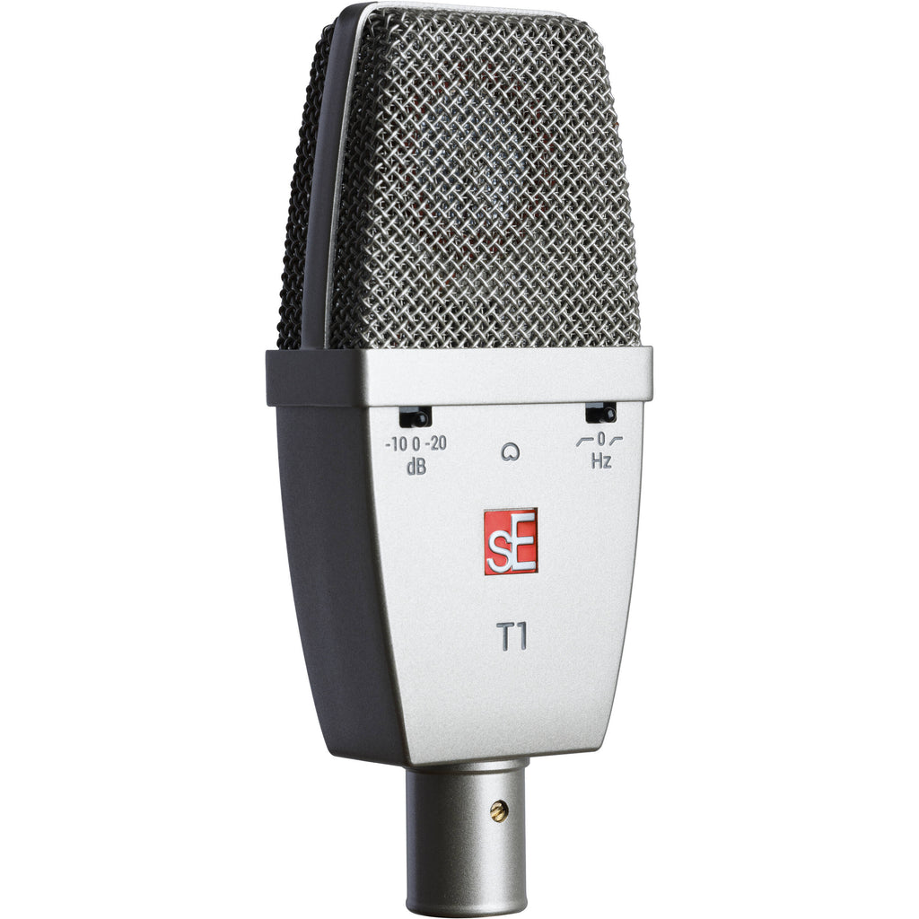 sE Electronics T1 condenser microphone with sleek black body and grille, designed for studio recording and professional audio capture.