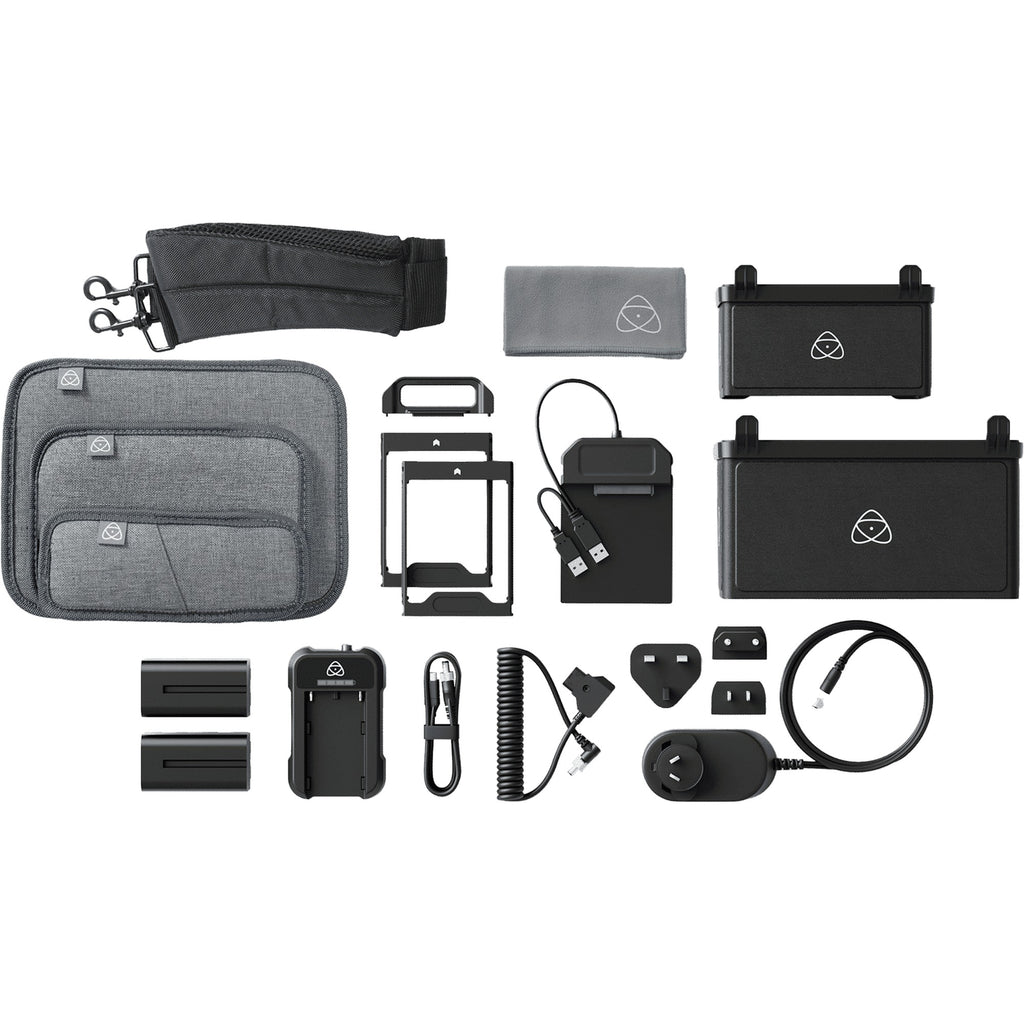 Atomos Universal Accessory Kit for video accessories, includes various mounts and cables, displayed on a white background.