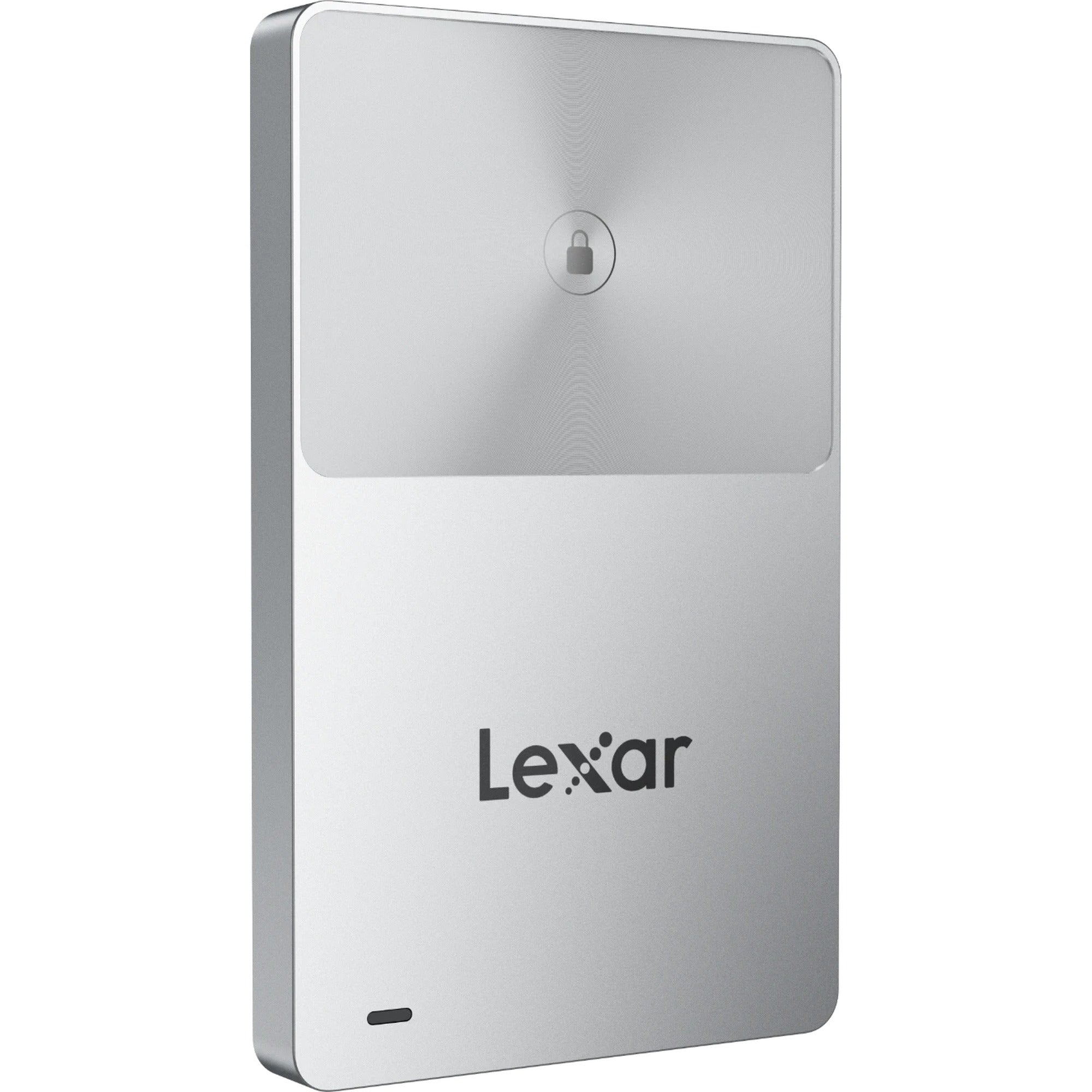 Lexar TouchLock Portable SSD external drive with sleek black design and secure fingerprint lock system.