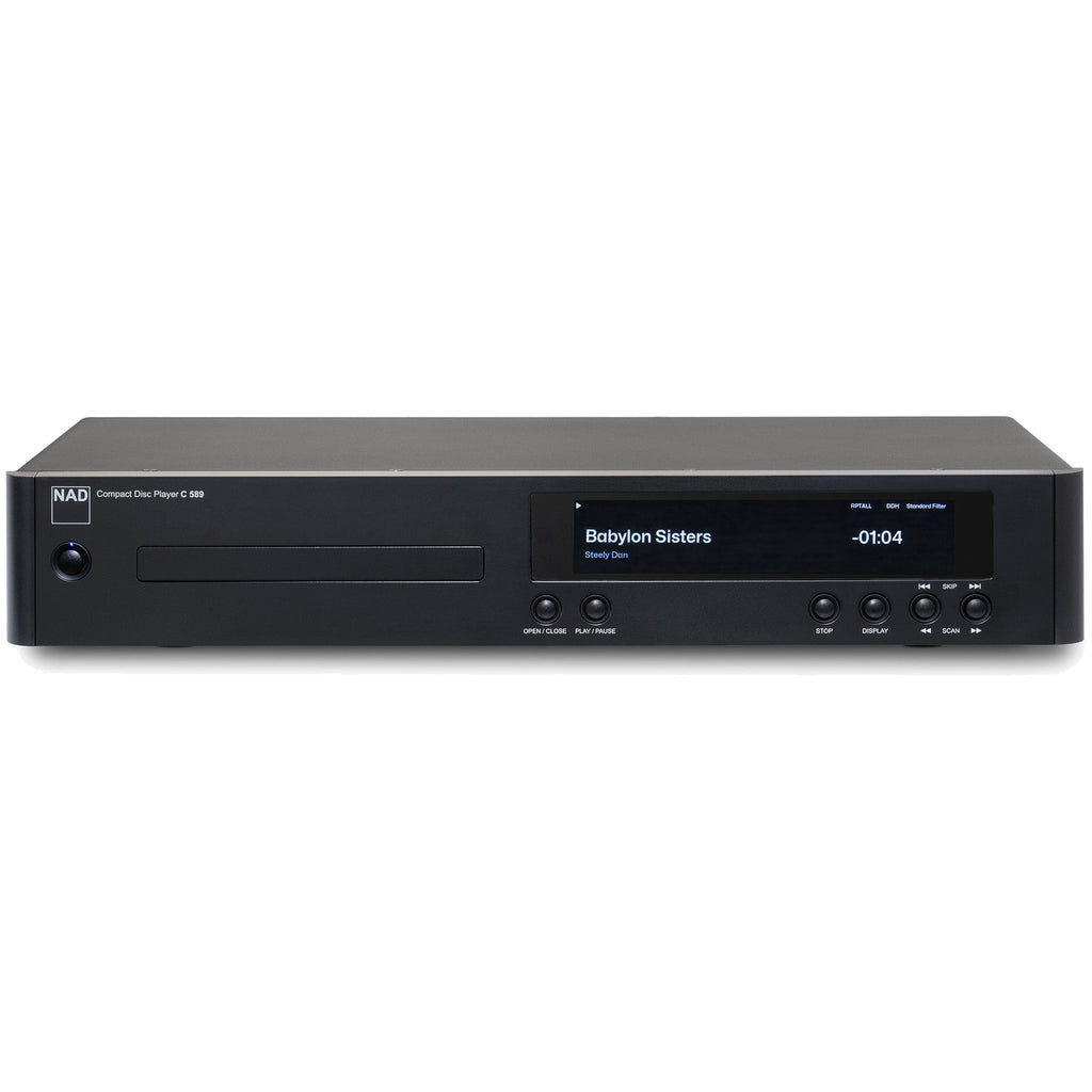 NAD C 589 CD player with front view showing sleek black design and control buttons on the front panel.