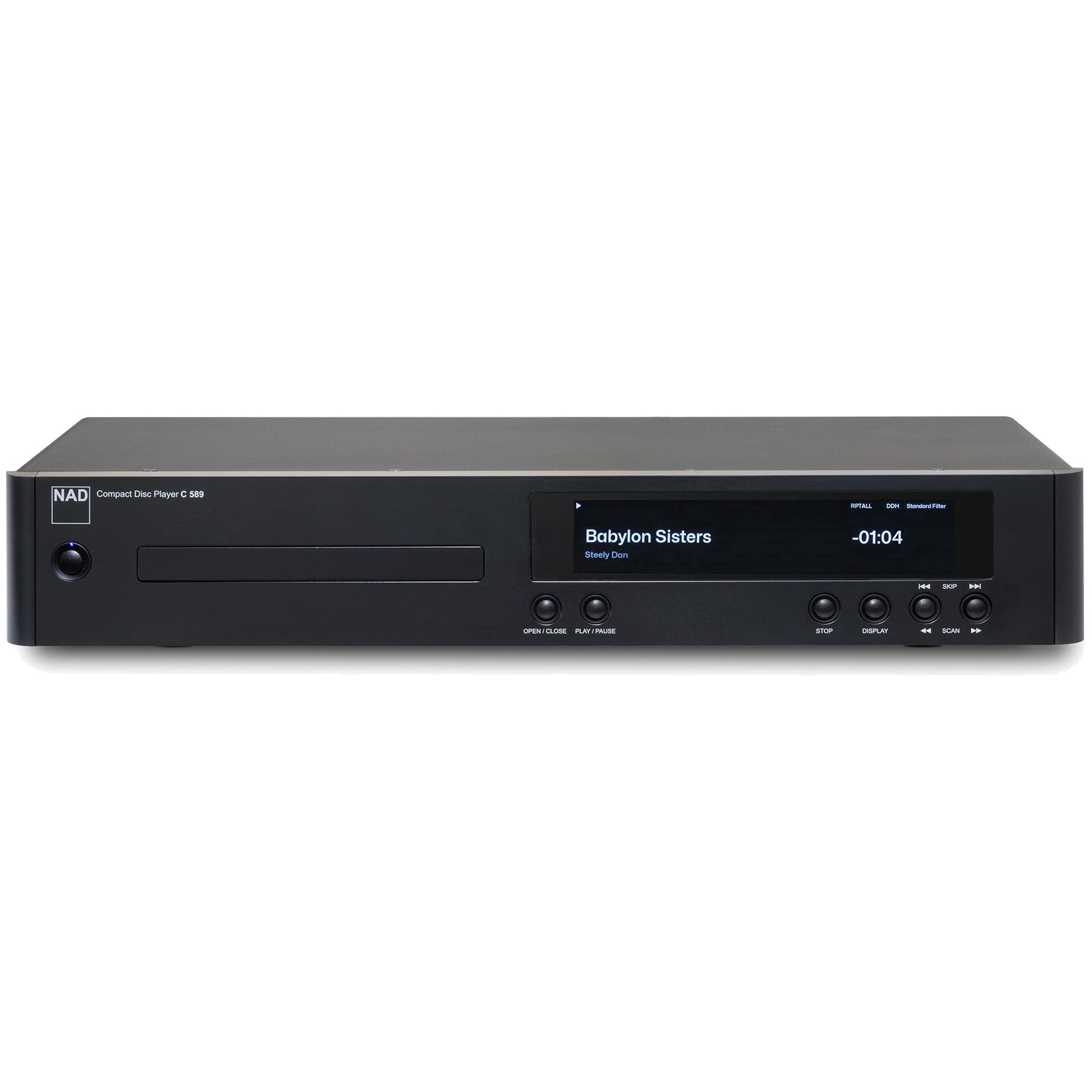 NAD C 589 CD player with front view showing sleek black design and control buttons on the front panel.