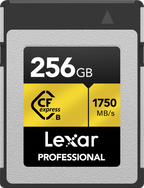 Lexar CFexpress Pro Gold memory card with R1750/W1500 speed ratings, designed for high-performance camera accessories.
