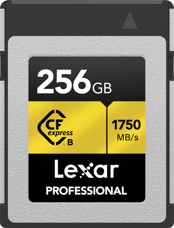 Lexar CFexpress Pro Gold memory card with R1750/W1500 speed ratings, designed for high-performance camera accessories.