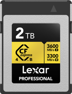 Lexar CFexpress 4.0 Pro Gold memory card with R3600/W3300 speed ratings, designed for professional camera storage.
