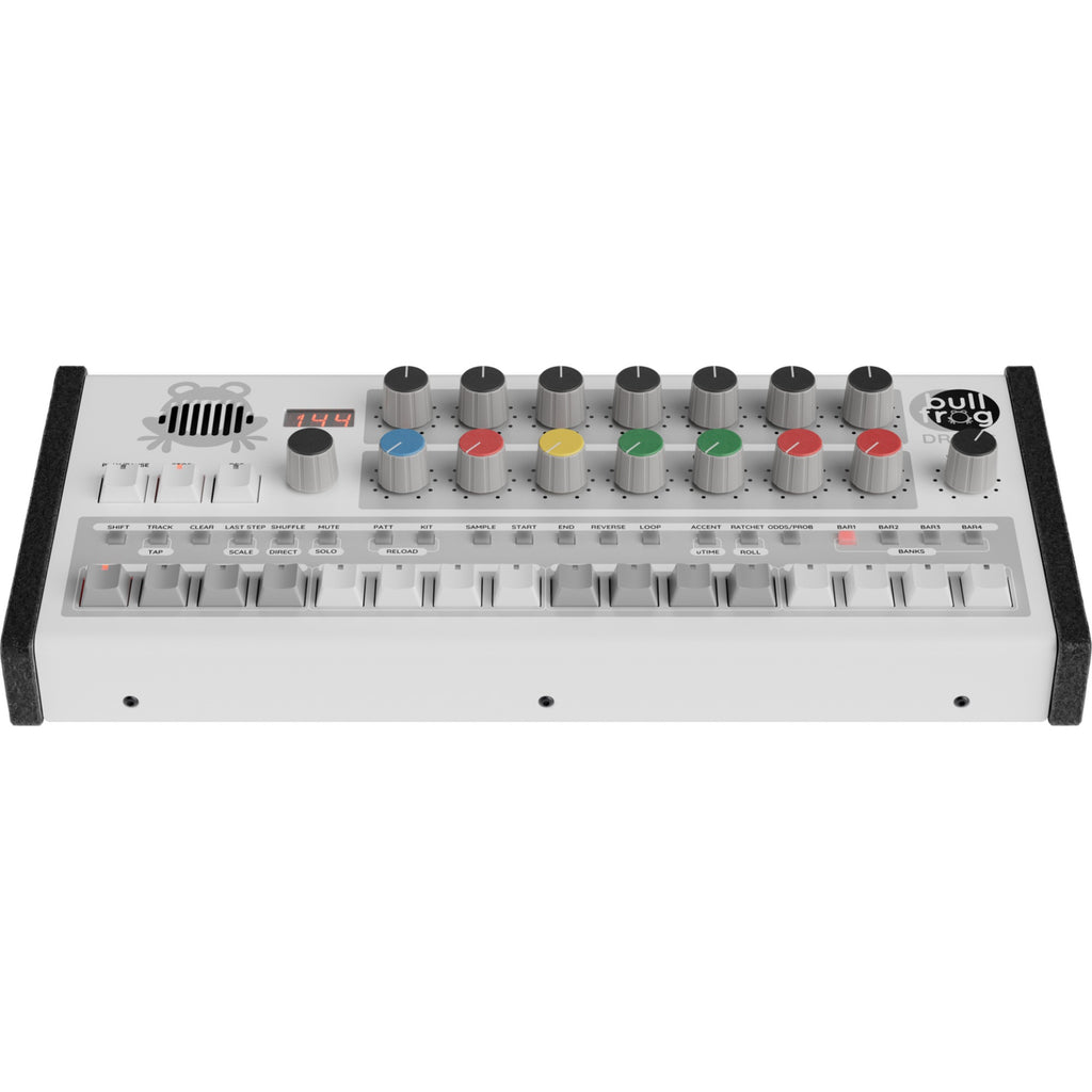 Erica Synths Bullfrog drum machine and sampler with colorful controls and interface, designed for electronic music production.