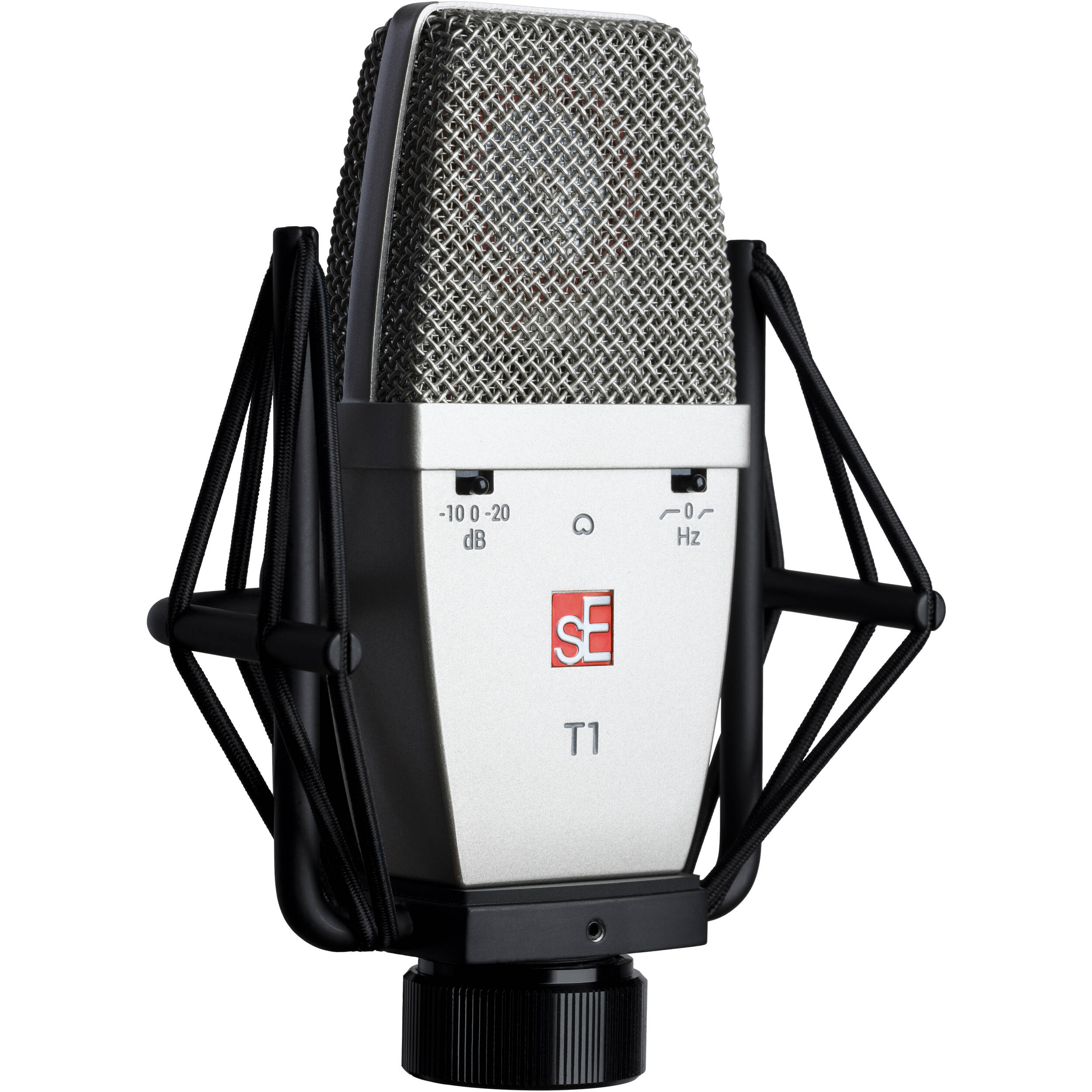 sE Electronics T1 condenser microphone with metal grille and studio shock mount, ideal for professional recording and vocals.