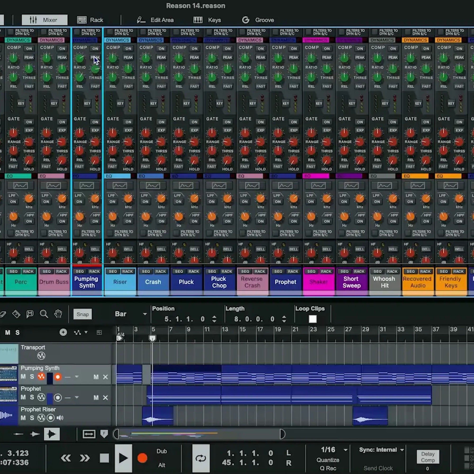 Reason Studios Reason 14 music production software interface in dark mode, showing advanced digital audio workstation features.