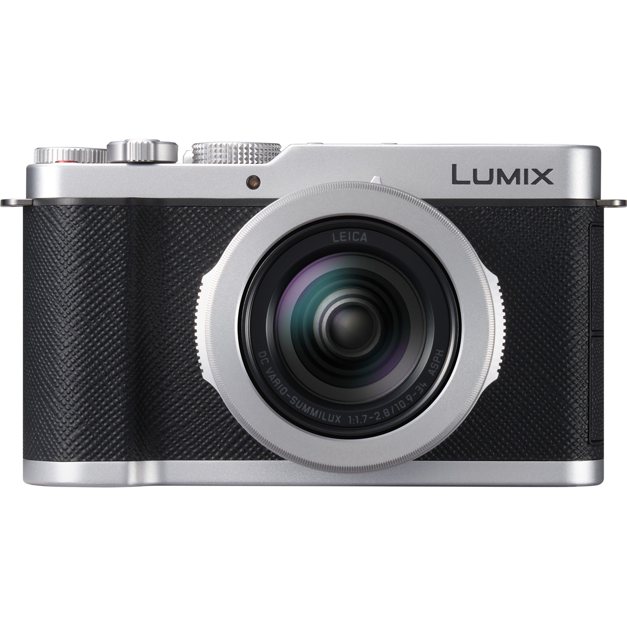 Front view of Panasonic Lumix L10 video camera showing lens, controls, and compact design.
