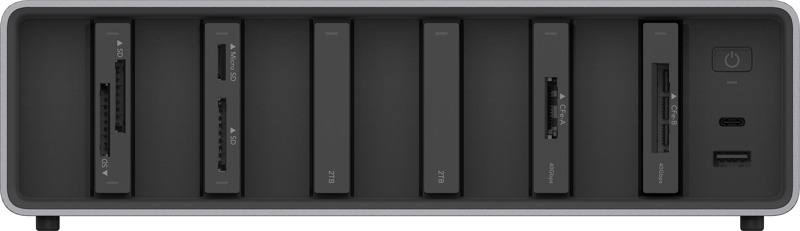 Lexar Workflow Go docking station with Thunderbolt 4 uplink and six-module bay for data transfer and device connectivity.