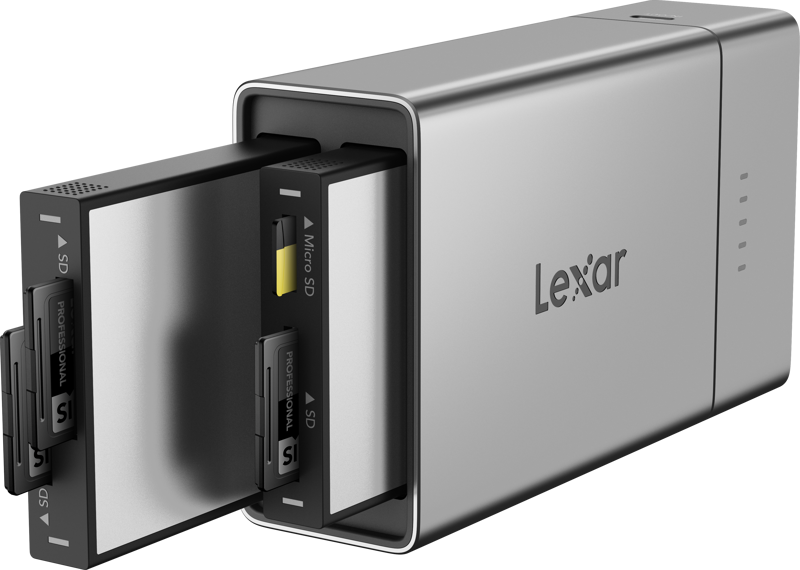 Lexar Workflow Go docking station with dual module bay, USB hub for data transfer and device connectivity.
