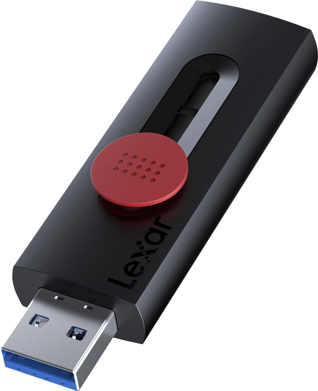 Lexar Jumpdrive D300 R100 USB 3.2 flash drive with USB-A and USB-C ports, shown with its sleek, compact design.
