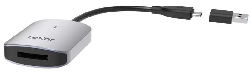 Lexar CFexpress Type A Card Reader LRW515U with USB-A and USB-C ports on a white background.