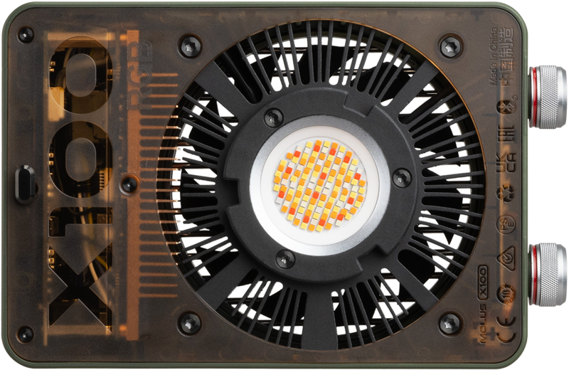 Zhiyun Molus X100 RGB light displaying vibrant multicolor lighting effects, compact design, and adjustable brightness.