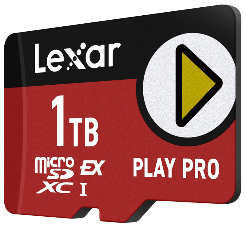 Lexar PLAY PRO microSDXC Express memory card with storage capacity, featuring a black and orange design for high-speed data transfer.