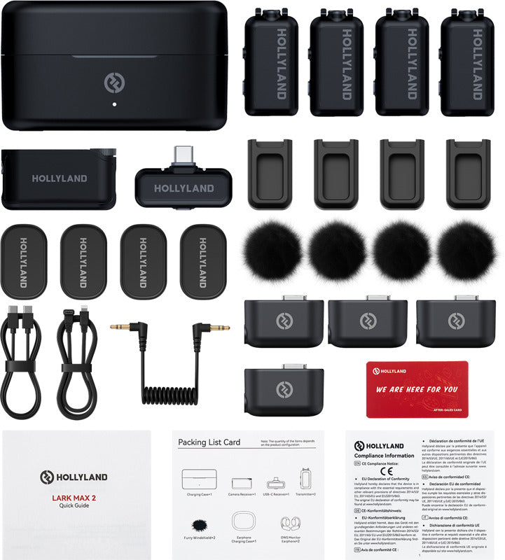 Hollyland Lark Max 2 Combo creator wireless microphone system with four microphones and receiver for professional audio recording