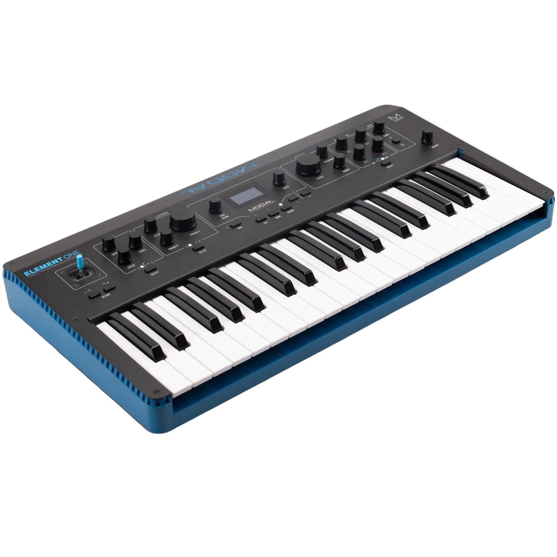 Modal Electronics Element One keyboard synthesizer with black and gray keys and control knobs on a sleek, modern design.
