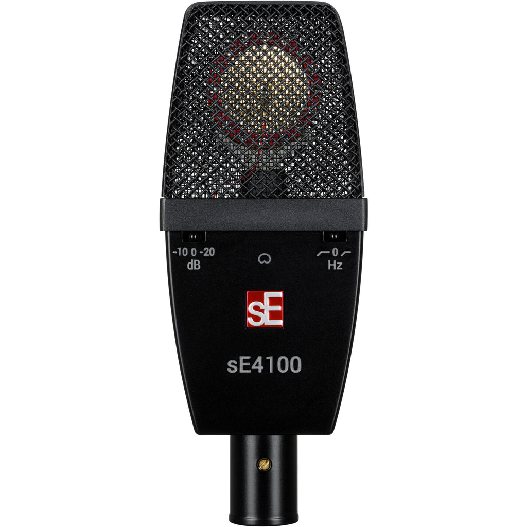 sE Electronics sE4100 condenser microphone with black metal body and shock mount, ideal for studio recording and vocals