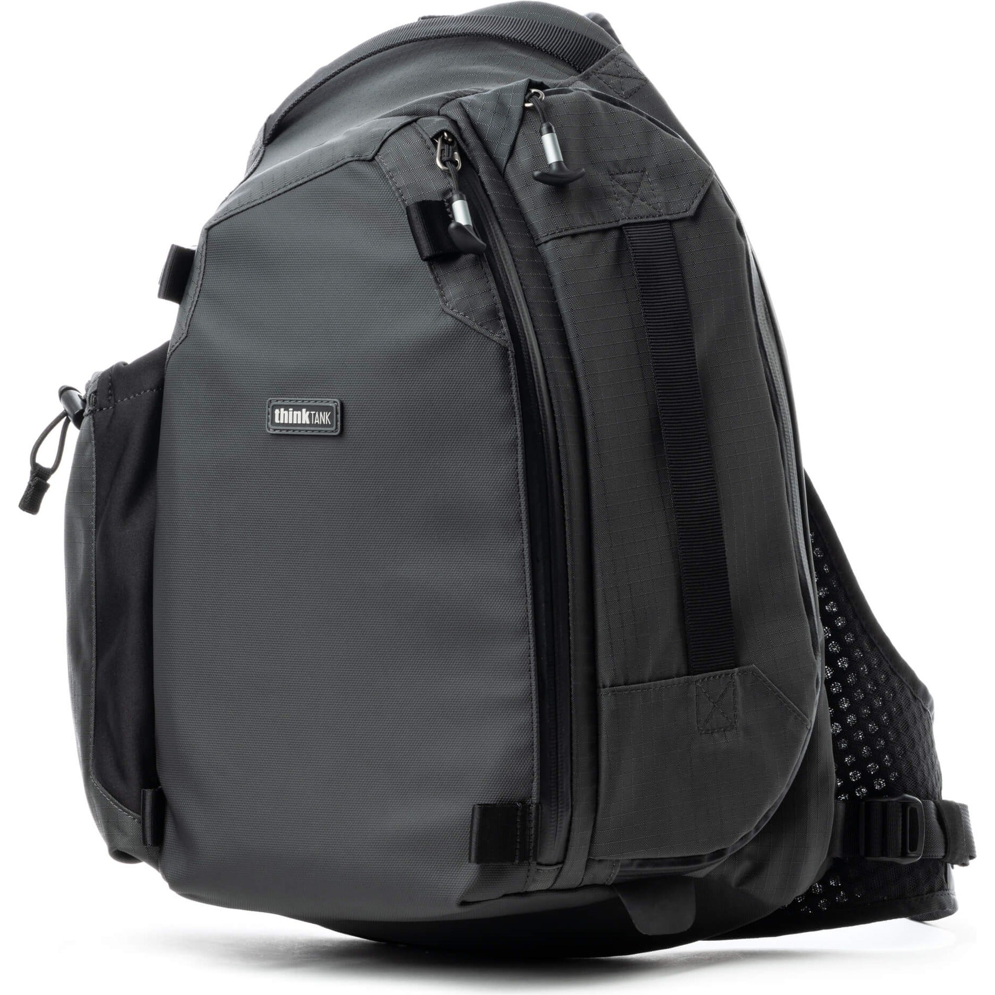 Black Think Tank MindShift PhotoCross Sling V2 camera bag with adjustable strap, designed for carrying video equipment securely.