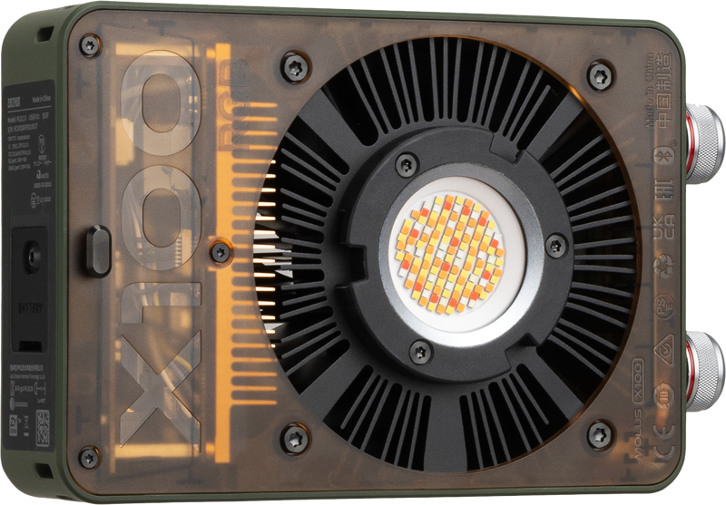 Zhiyun Molus X100 RGB light displaying vibrant color options with adjustable brightness and color modes.
