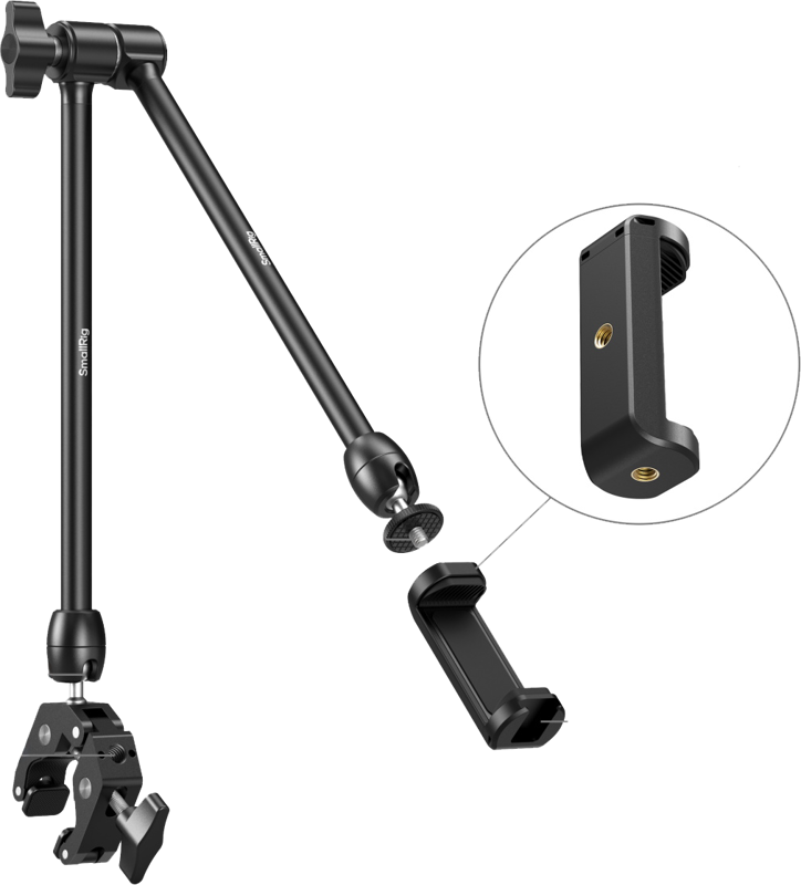 SmallRig Desktop Magic Arm with Crab-Shaped Clamp, adjustable tripod support for cameras and accessories, black metal construction.