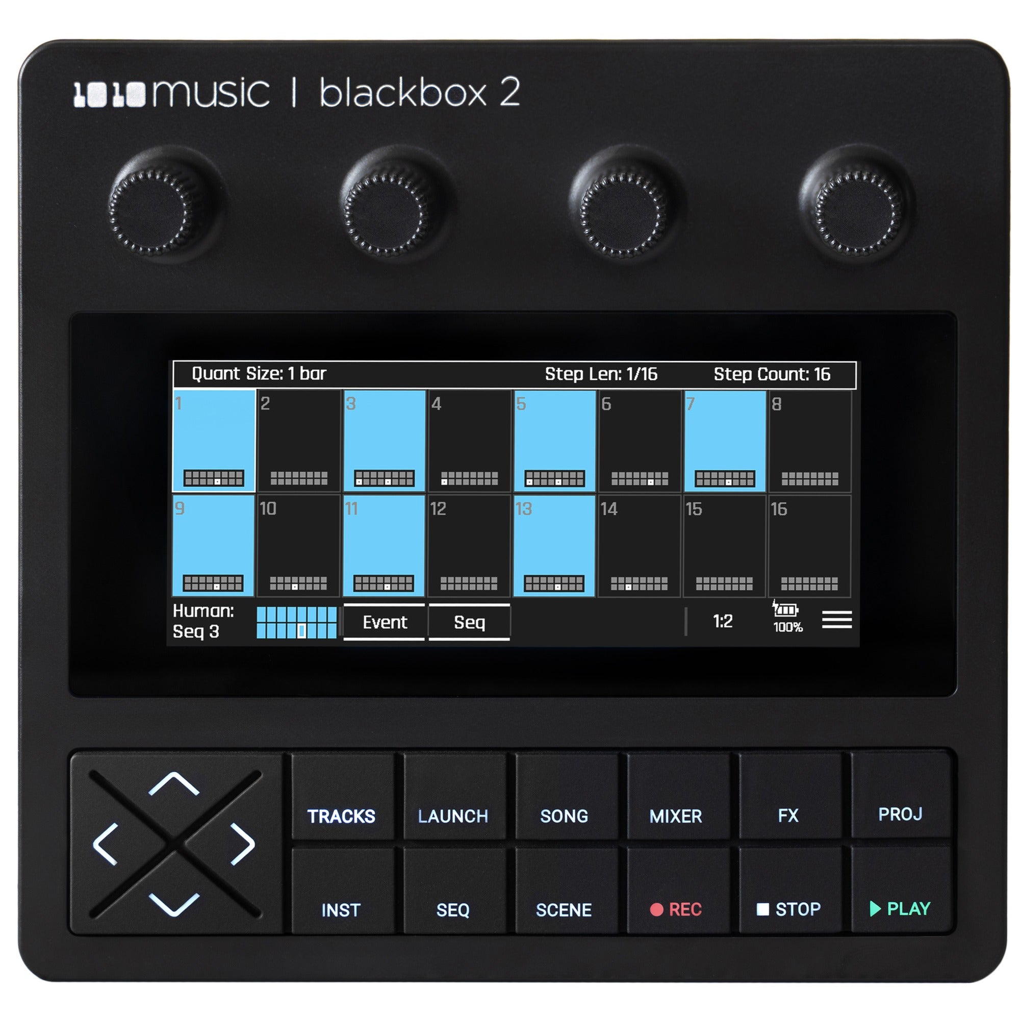 Blackbox 2 by 1010music drum machine and sampler showing its interface with pads and control knobs in a compact design.