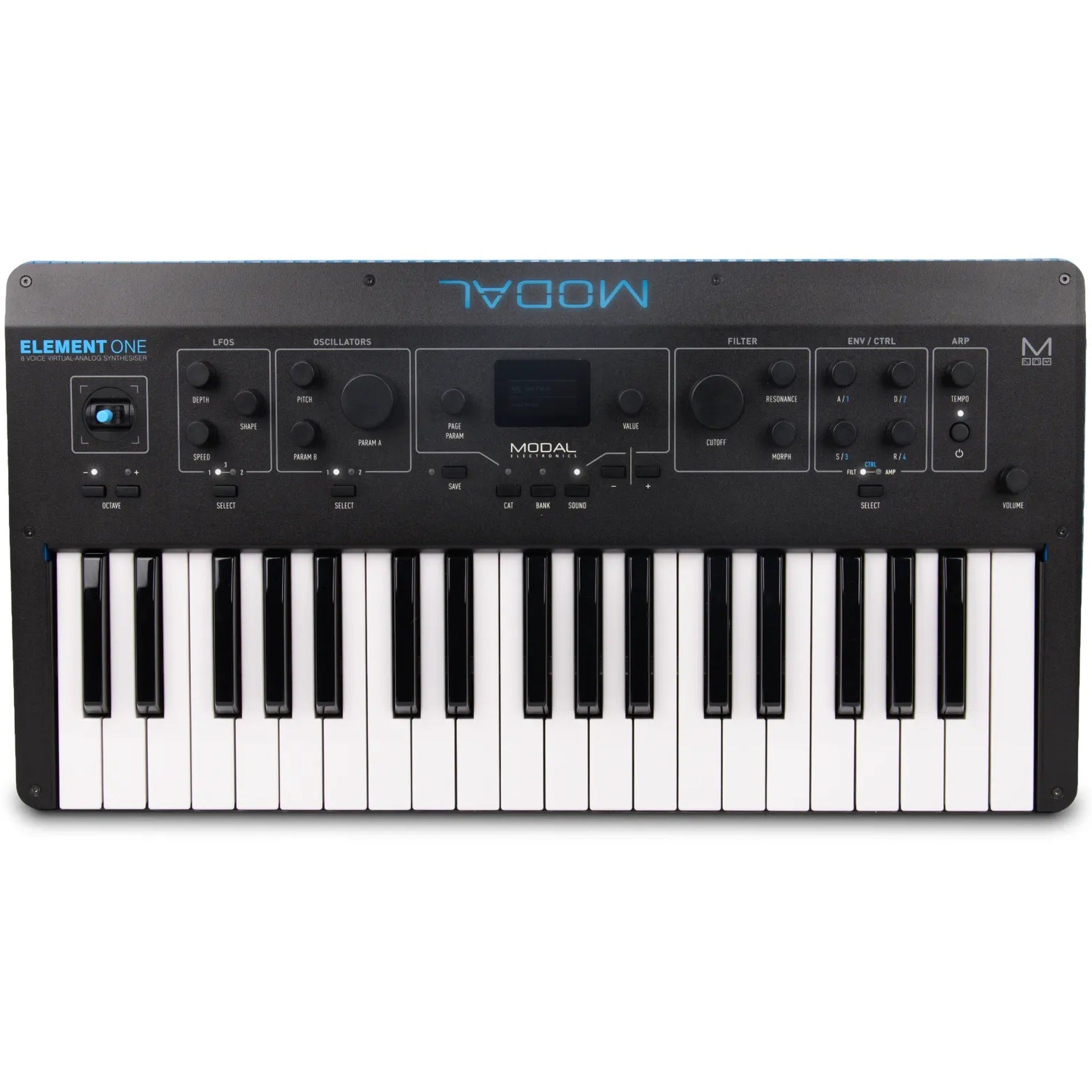 Modal Electronics Element One keyboard synthesizer with sleek black design and multiple control knobs and keys.