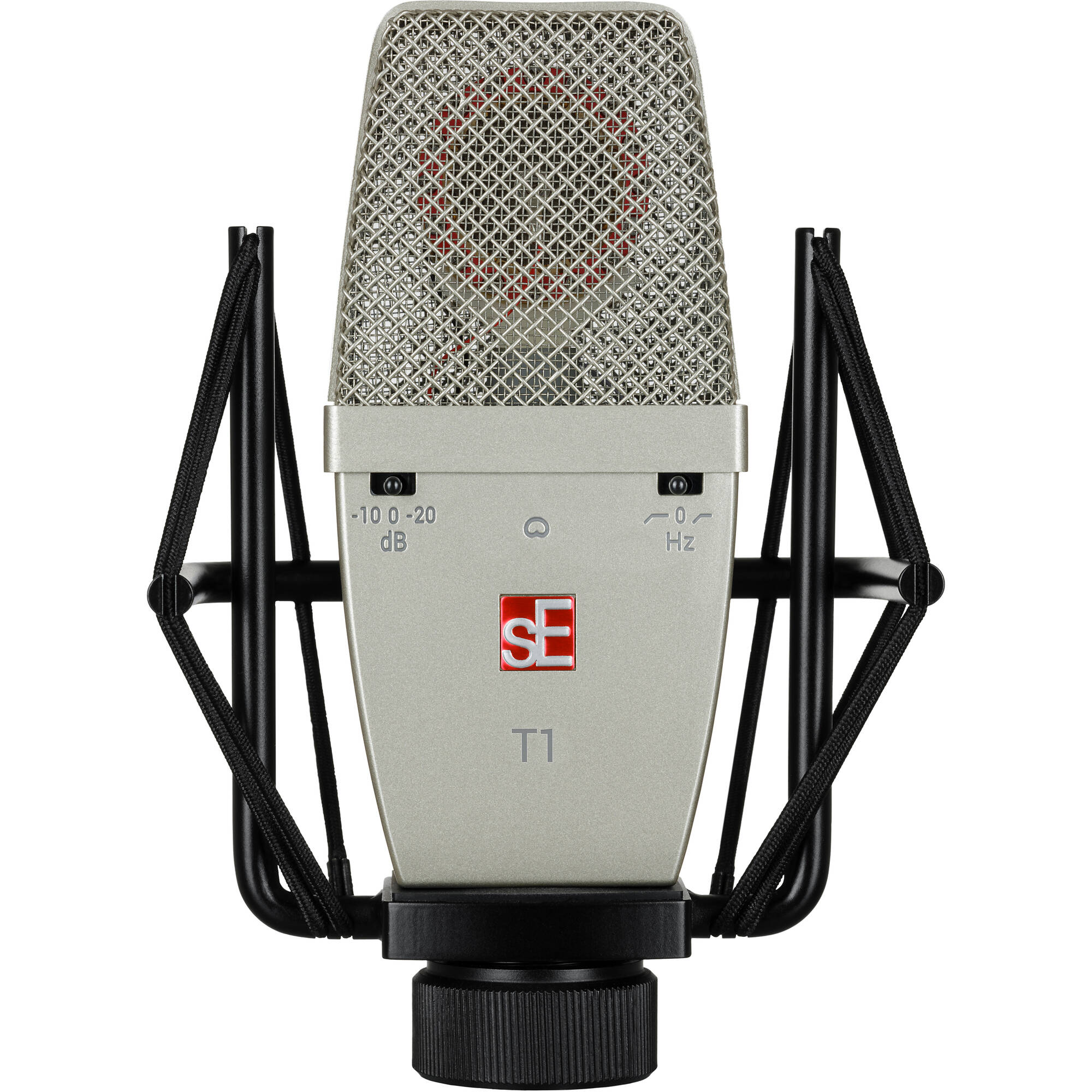 sE Electronics T1 condenser microphone with a sleek black design, featuring a metal grille and adjustable stand mount.