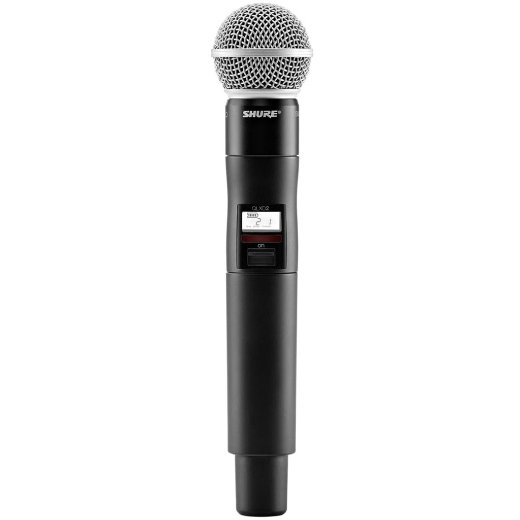 Shure QLXD2/SM58 stage wireless microphone system with handheld microphone on a stand, professional audio equipment for live performances.