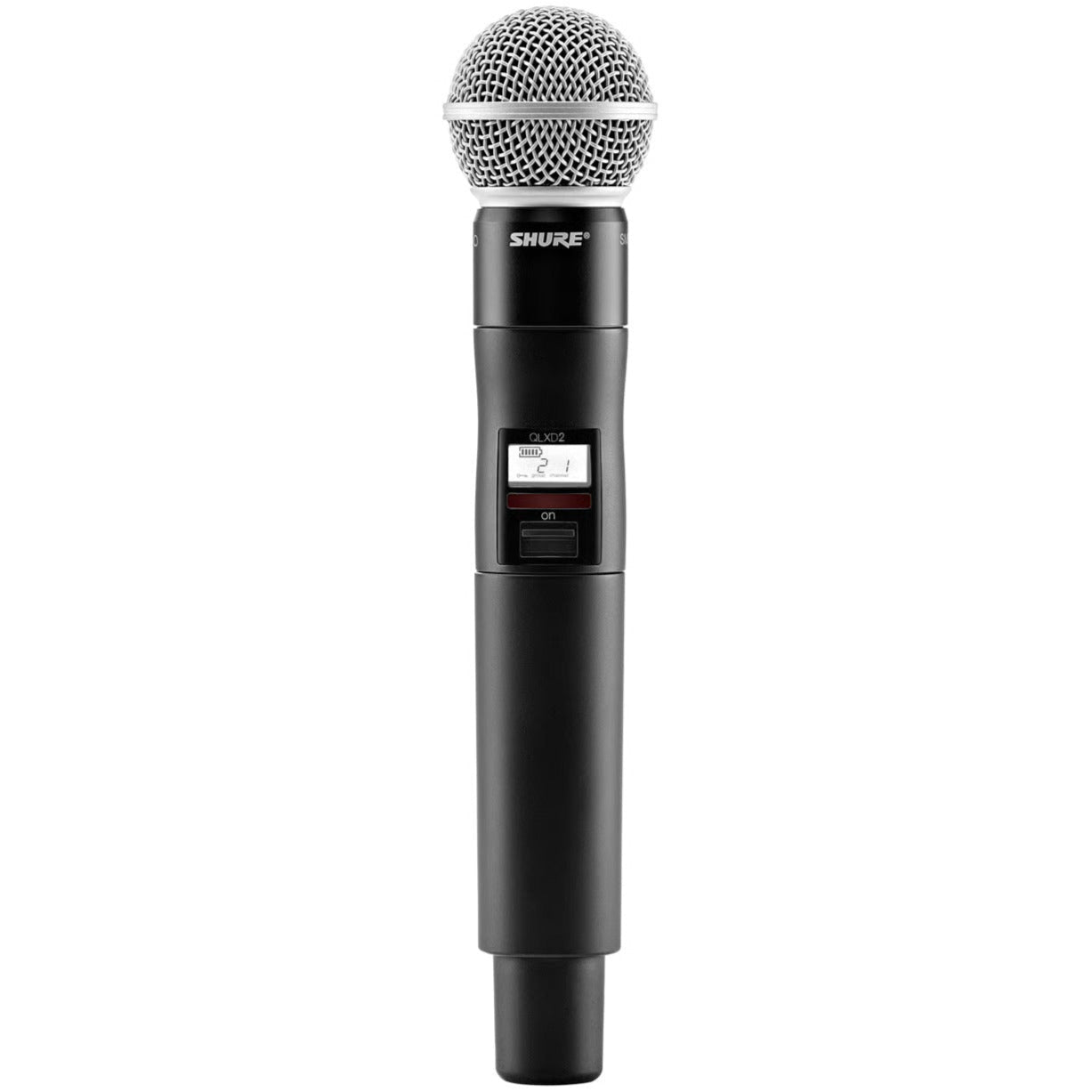 Shure QLXD2/SM58 stage wireless microphone system with handheld microphone on a stand, professional audio equipment for live performances.