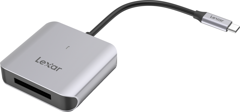 Lexar CFexpress Type B Card Reader LRW510U with USB-A and USB-C ports for fast data transfer from memory cards.