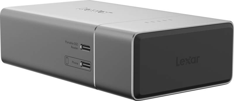 Lexar Workflow Go docking station with two module bays, USB hub and multiple connection ports for data transfer and device management.