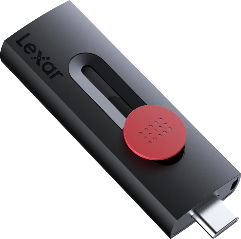 Lexar Jumpdrive D300 R100 USB 3.2 flash drive with USB-A and USB-C ports, compact and portable data storage device.